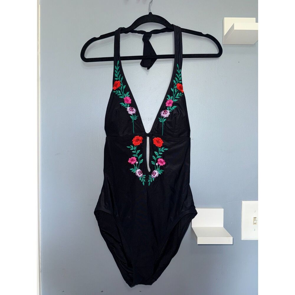 Kate Spade Floral Embroidered Halter-Neck One Piece Bathing Suit | Size Large
